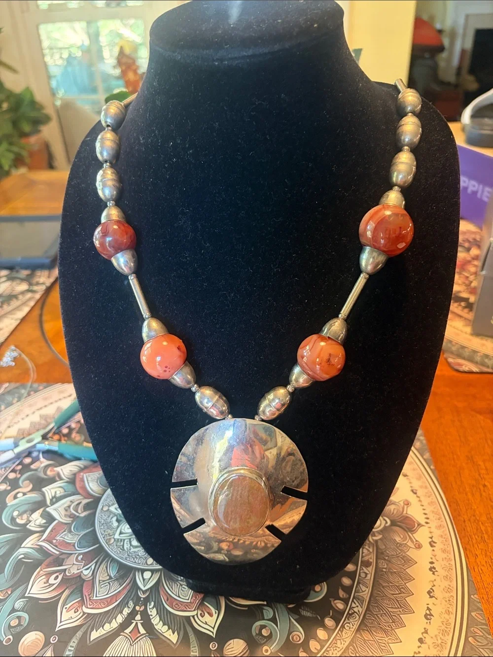 Vintage Handcrafted boho Silver Necklace with agate stone - Picture 1 of 6